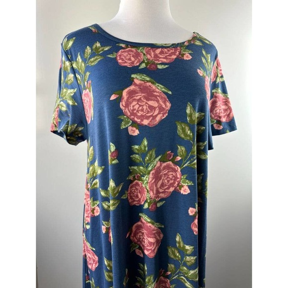 Lularoe Carly Dress Hi-Lo Short Sleeve Floral Blue Pink & Green Plus Size 3XL - Picture 2 of 3
